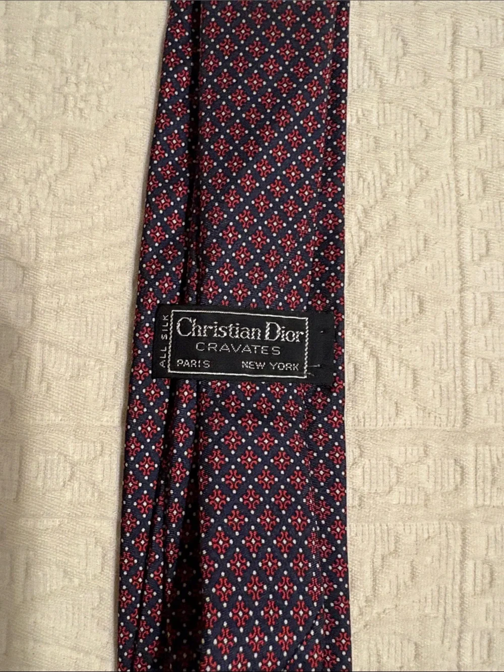 Dior Silk Tie in Navy with Red and Light Blue Medallion Pattern